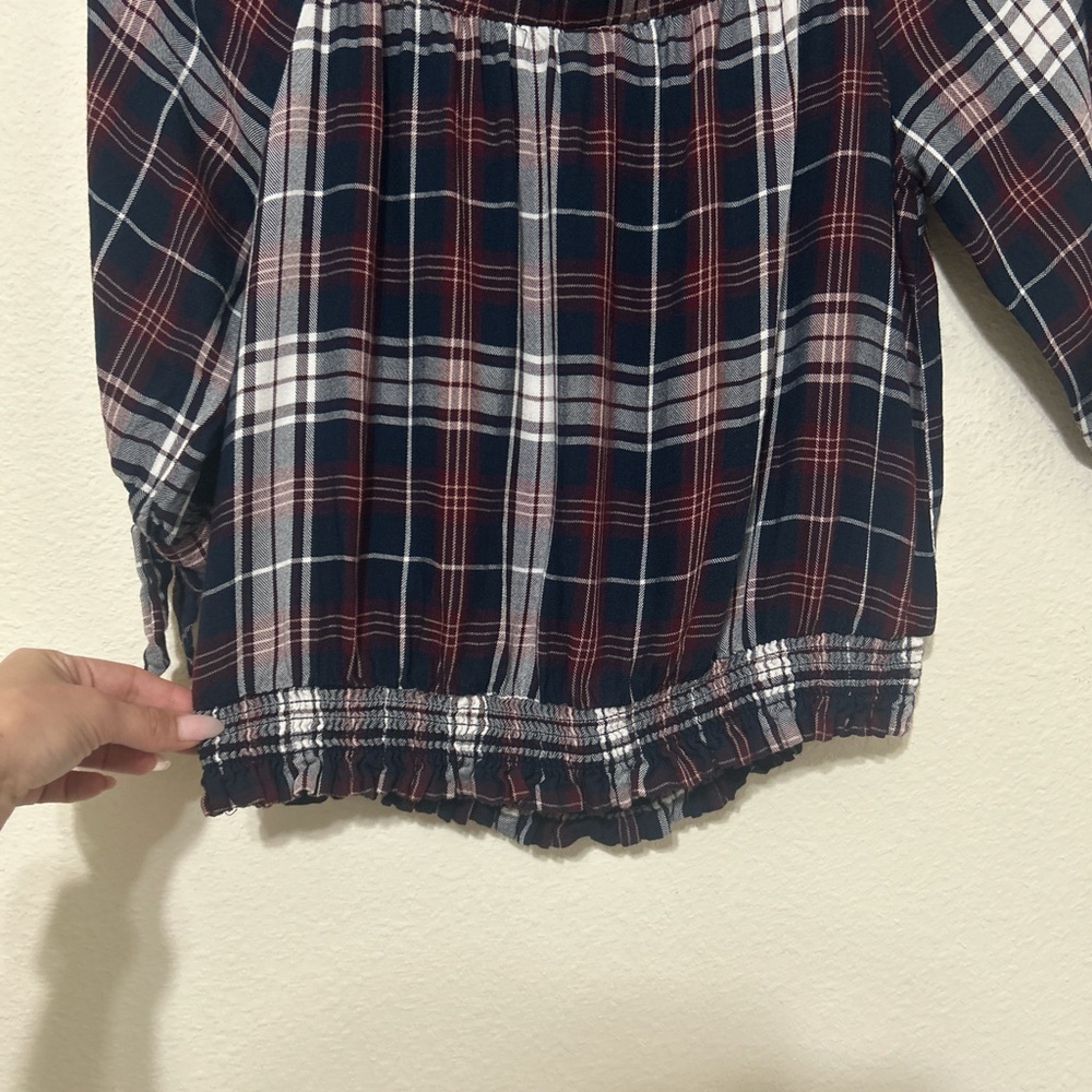 BCX Plaid Cold Shoulder Smocked Top Tie Sleeve Medium Grunge - Picture 6 of 8